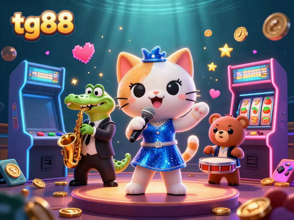 Experience the vibrant tg88 casino world with a jazz-singing cat and dynamic game elements.
