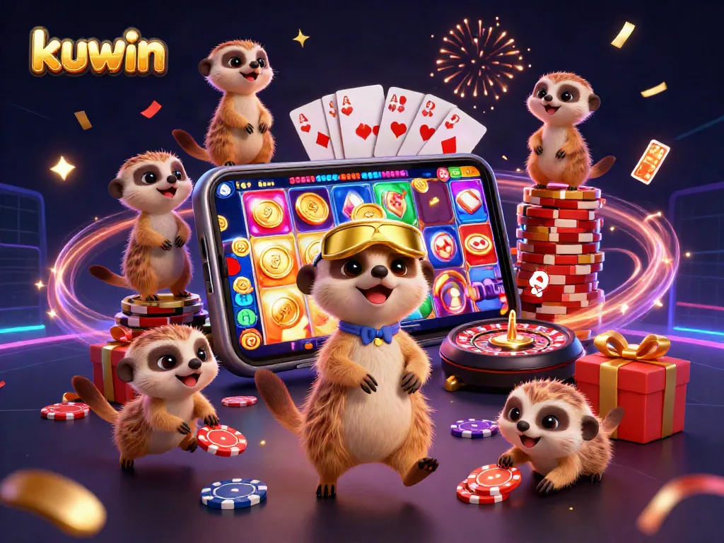 Kuwin shows a lively scene of meerkats managing a casino with vibrant slot games and celebratory elements.