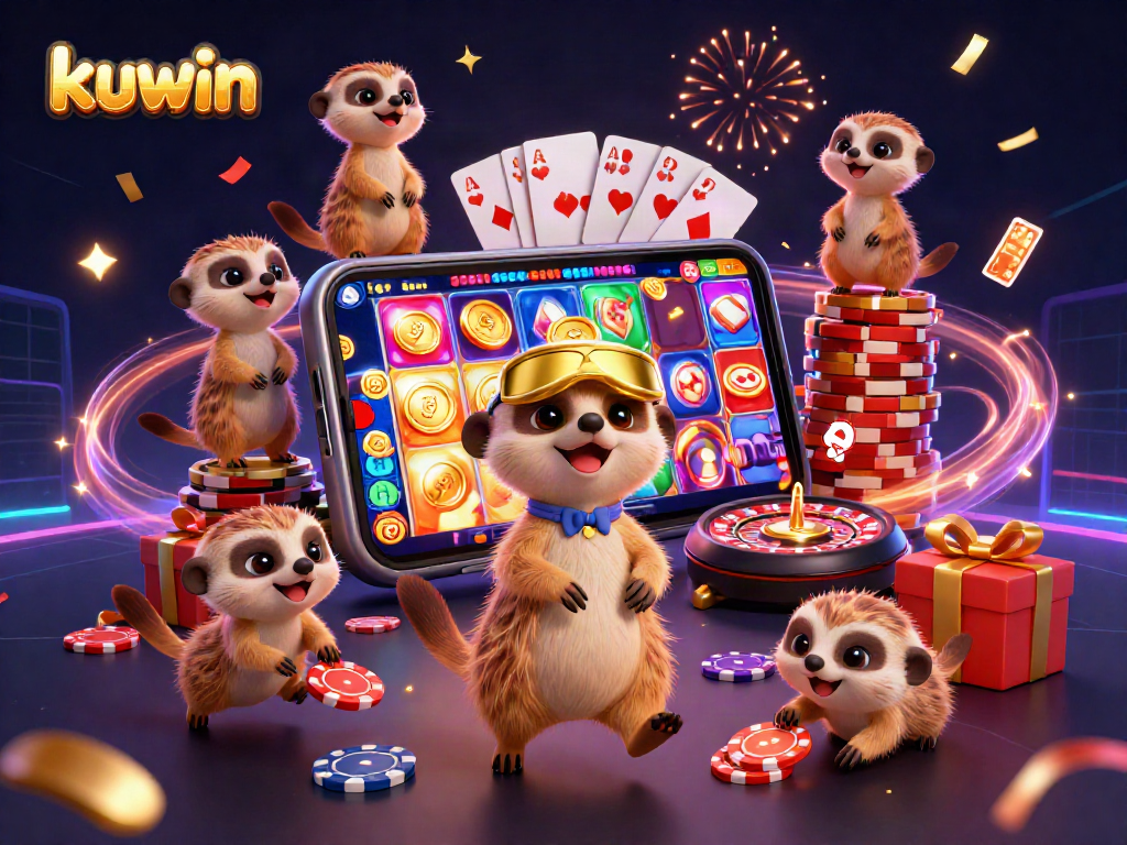 Kuwin shows a lively scene of meerkats managing a casino with vibrant slot games and celebratory elements.