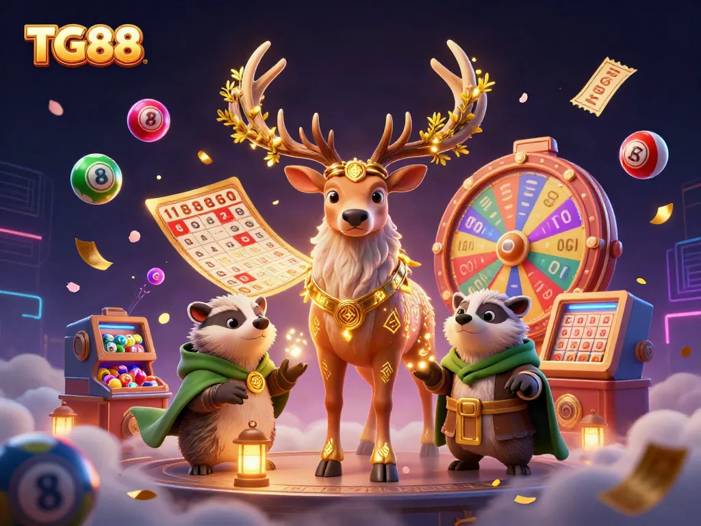 Engaging TG88 representation with a Celtic druid stag, surrounded by colorful lottery elements and magical effects.