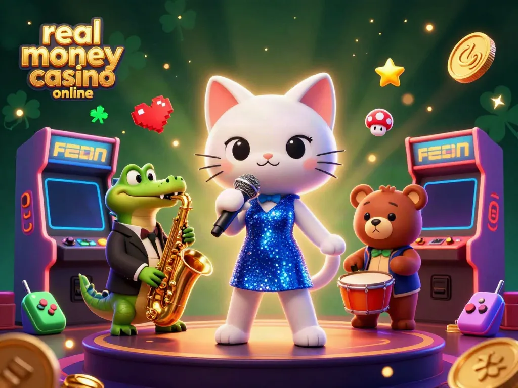 Jazz-singer cat and friends celebrating at a real money casino online, vibrant 3D illustration.
