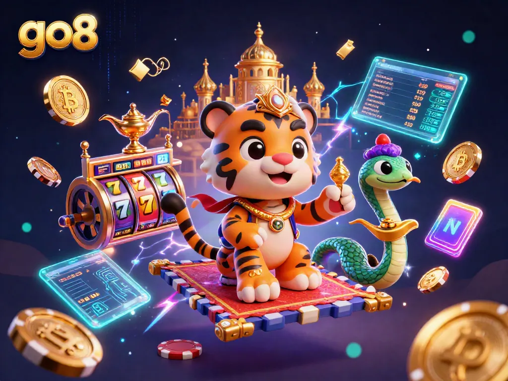 Experience the thrill of go8 slot games with a vibrant 3D scene featuring an Arabian Nights-themed tiger sultan.