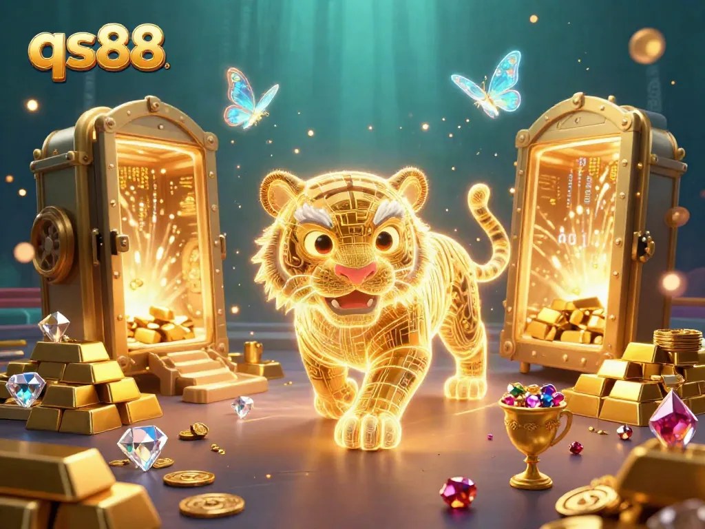 Engage in thrilling gameplay at qs88's vibrant casino, featuring a magical 3D tiger and treasure.