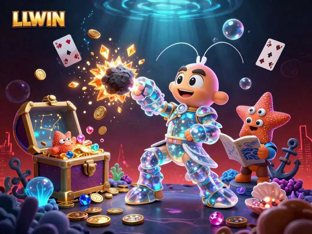 LLWIN's immersive experience with a galactic samurai mantis shrimp amid exploding treasures, symbolizing adventure.