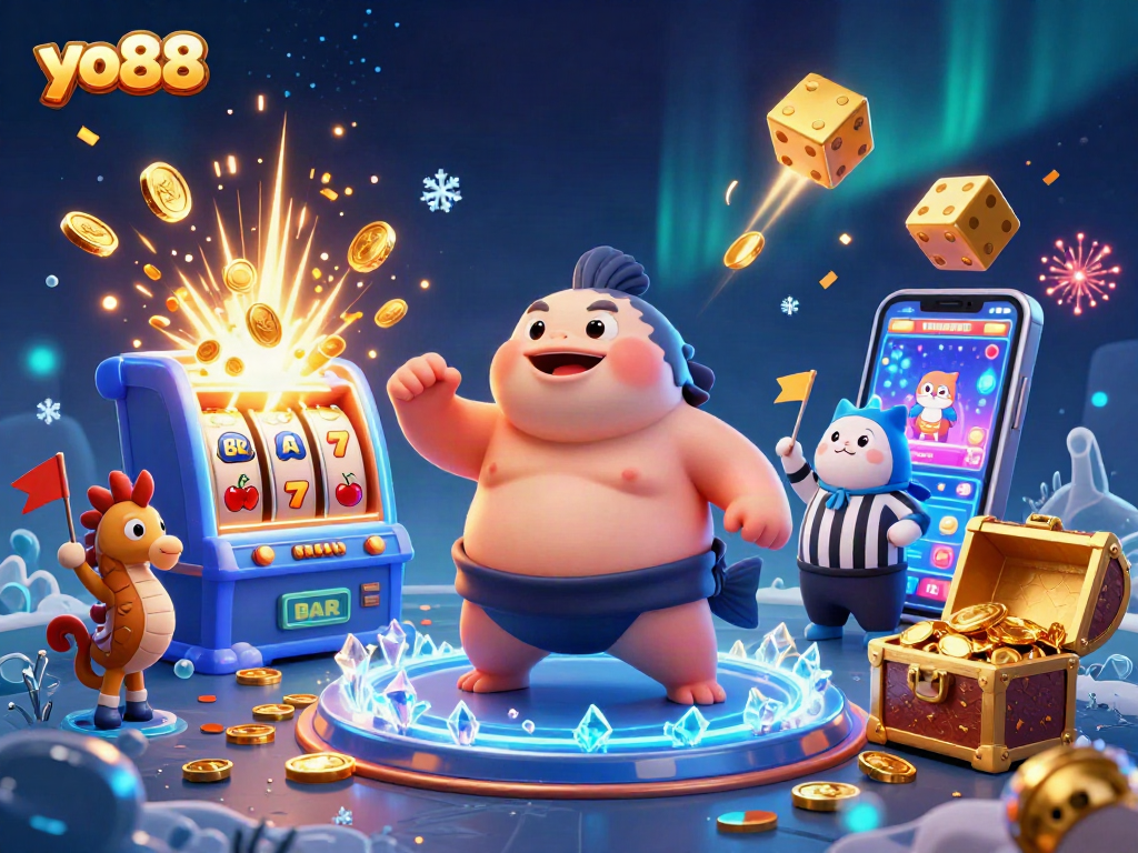 Play at yo88 with an exciting underwater casino graphic featuring a fugu, catfish referee, and slot machine.
