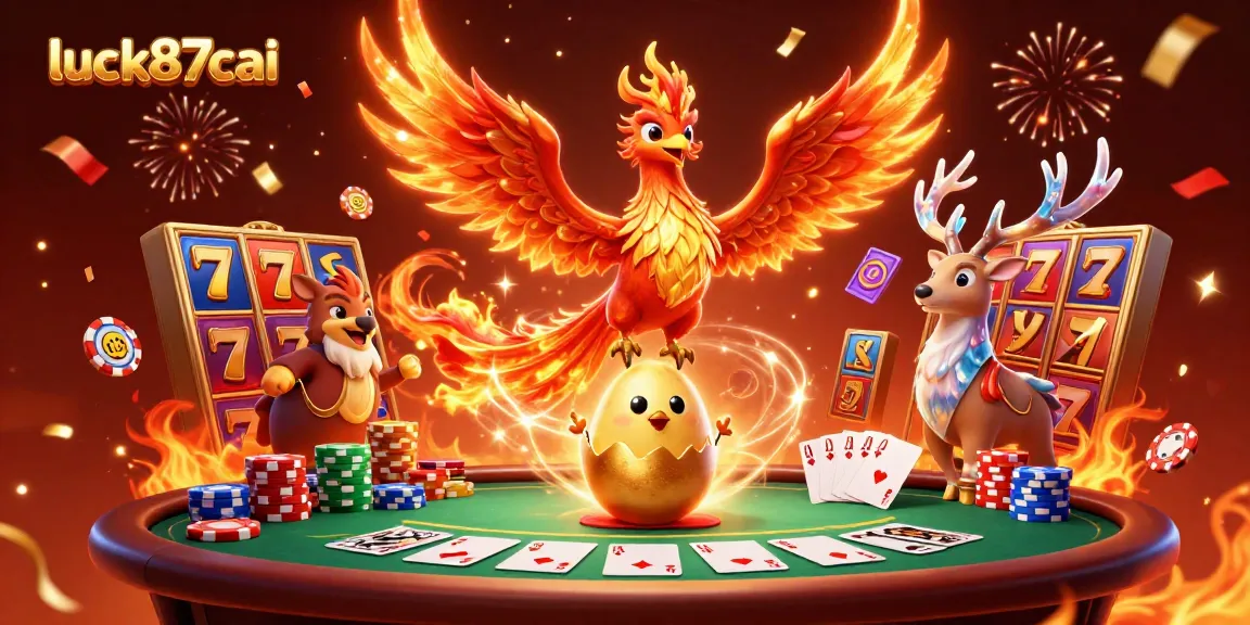 Experience the thrill of luck87cai with vibrant phoenixes and poker action in a stunning 3D scene.