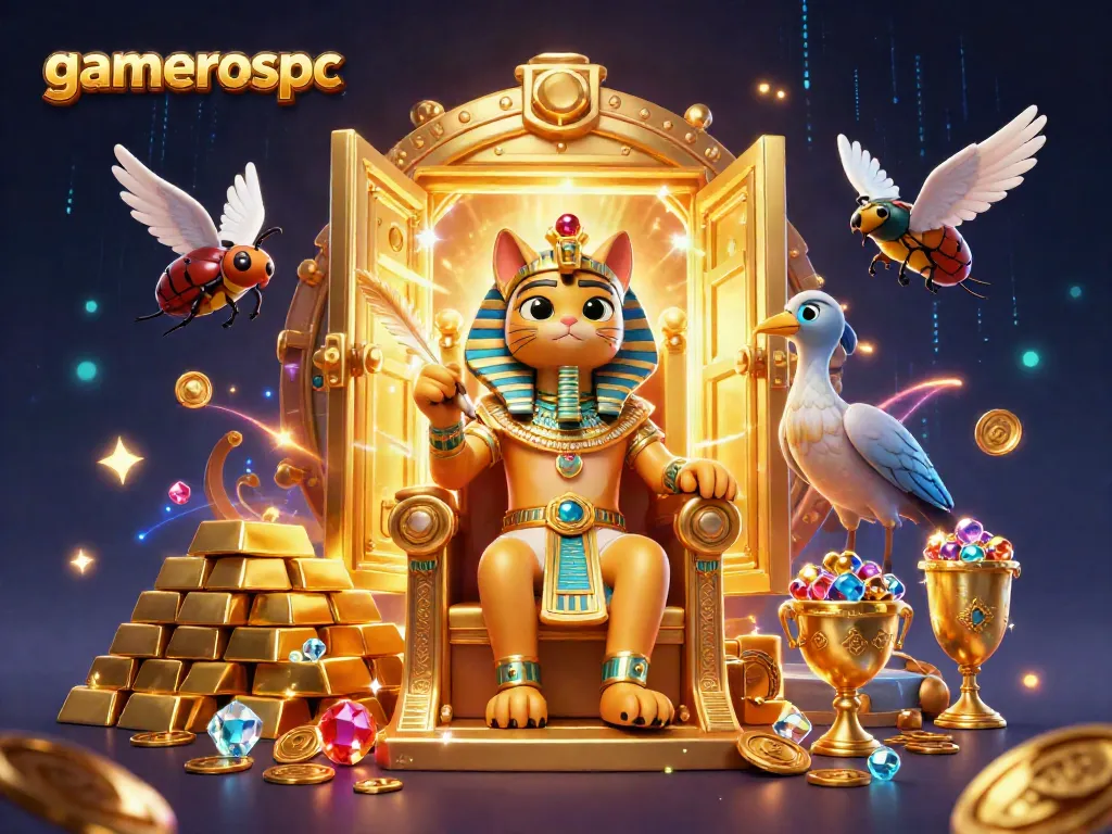 Experience excitement at gamerospc with Egyptian-themed gambling characters surrounded by treasures and casino elements.