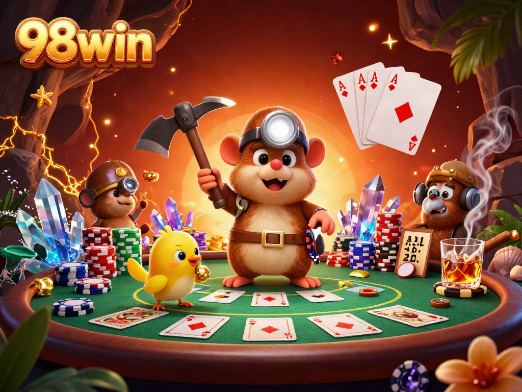 Experience the excitement at 98win with a vibrant and detailed casino scene featuring treasure hunters and poker games.