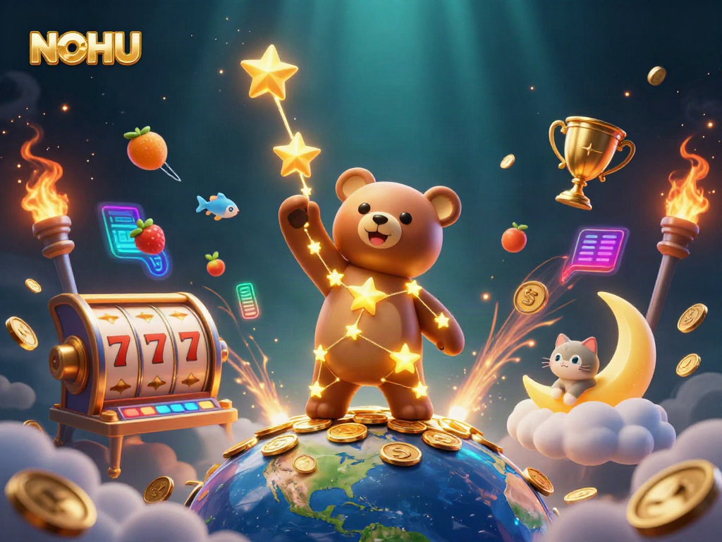 Experience the thrill of NOHU casino as the constellation bear scoops coins amidst vibrant slot game elements.