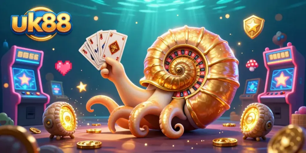 Engage in thrilling gaming excitement at uk88 with a vibrant casino illustration featuring a nautilus roulette wheel.