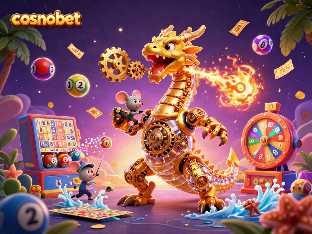 Engage in vibrant gameplay at Cosmobet Casino with a golden dragon and dynamic game elements.