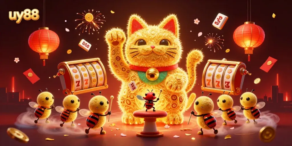 Experience the uy88 gaming thrill with a lucky cat illustration amidst vibrant casino symbols.