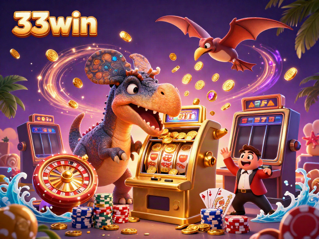 Experience massive jackpots at 33win with cartoon characters headbutting a slot machine.
