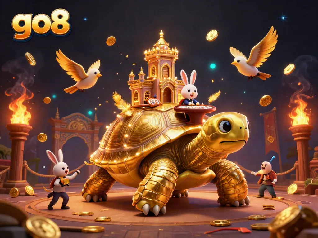 Experience thrilling gameplay with go8, featuring a whimsical casino scene atop a golden tortoise.