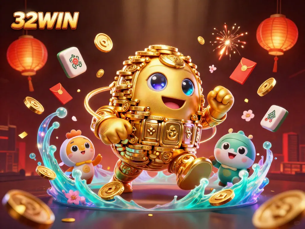 Experience the vibrant excitement of 32WIN with a 3D cartoon scene featuring a golden golem surrounded by dynamic casino elements.