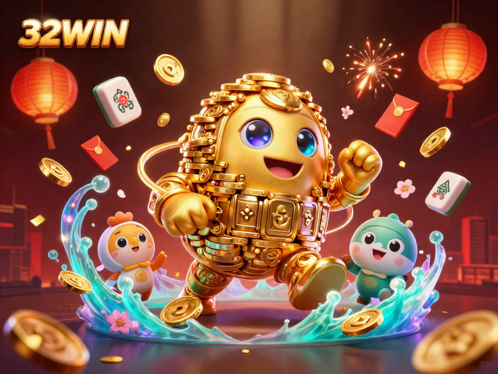 Experience the vibrant excitement of 32WIN with a 3D cartoon scene featuring a golden golem surrounded by dynamic casino elements.