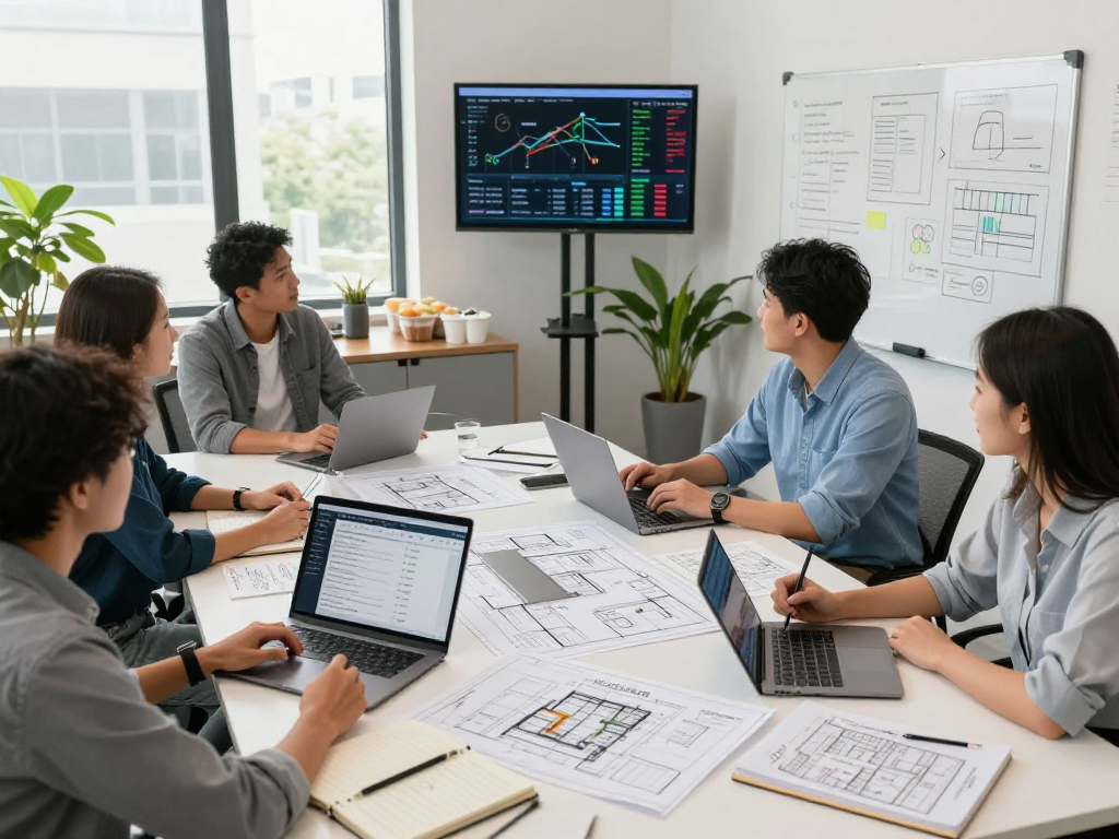 Team collaborating on IDXSTAR real estate strategies in a vibrant office.