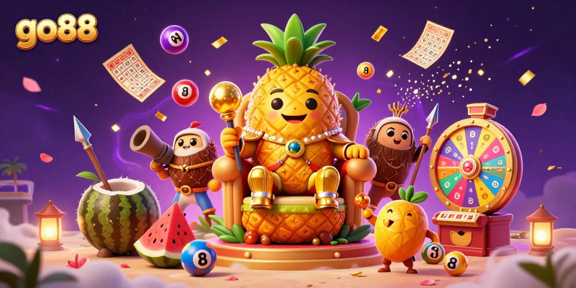 Join the fun at a vibrant go88 casino with golden characters, lottery elements, and festive energy.