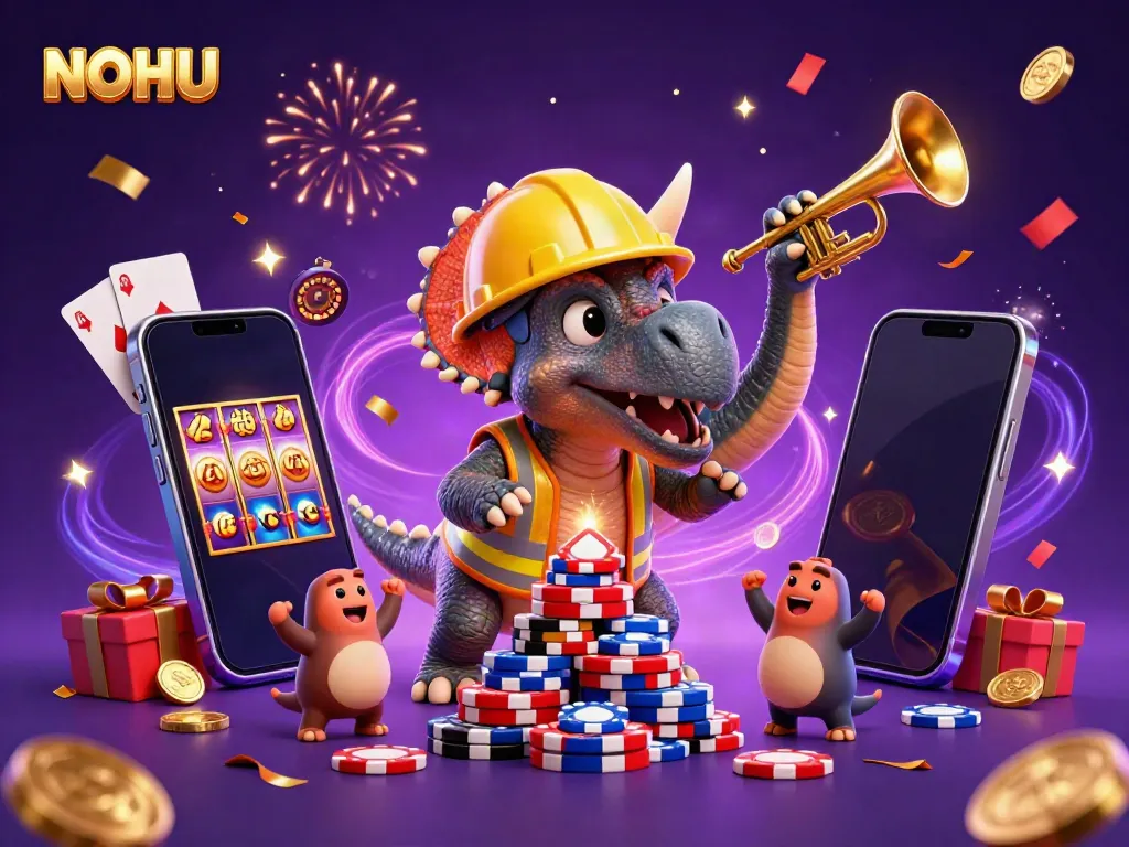 Participate in winning with NOHU at a vibrant casino scene featuring dynamic characters celebrating big wins.