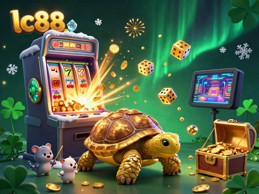 Engage with lc88's vibrant casino world featuring a golden tortoise pinball machine and slots bursting with treasures.