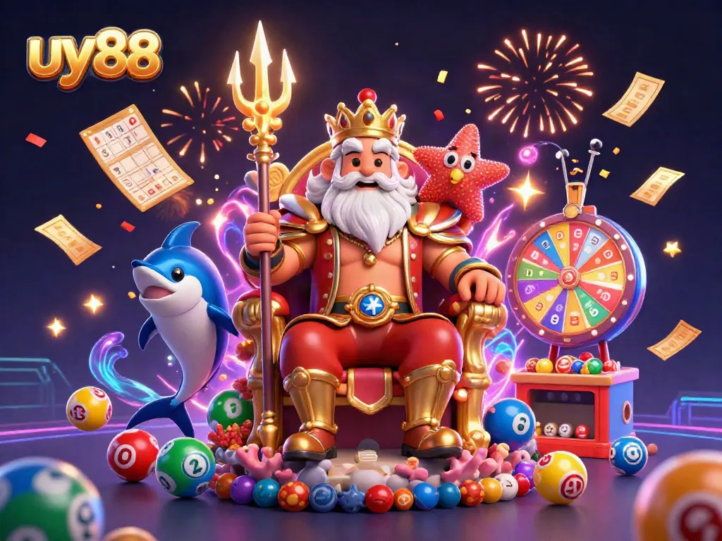 Experience exciting wins with uy88 as 3D Neptune and friends celebrate in a vibrant casino scene.