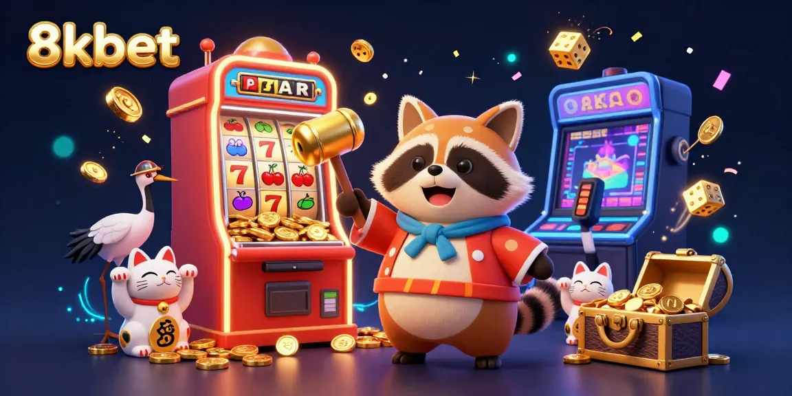 Engage with the vibrant 8kbet scene filled with lucky symbols, a cheerful tanuki, and casino excitement.