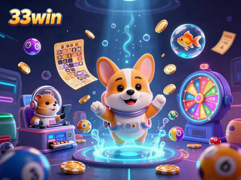 Experience the exciting world of 33win with a floating astronaut corgi in a vibrant casino scene, featuring dynamic lottery elements.