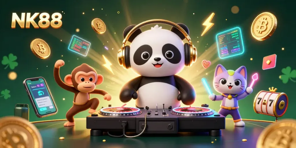 Join the excitement at NK88 with a DJ panda and vibrant gaming in a lively casino scene.