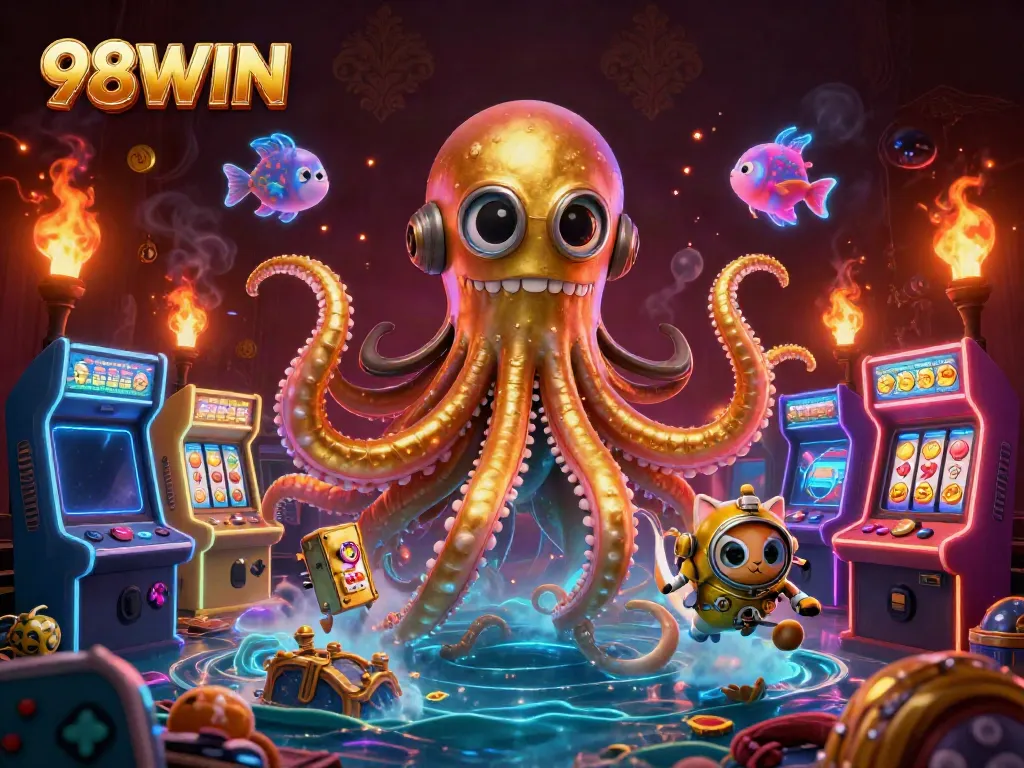 Experience thrilling gaming action with the kraken and diving cat at 98WIN's vibrant casino showdown.