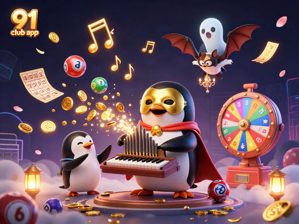 Experience dynamic gaming with the 91 club app showcasing colorful lottery balls and a charming penguin.