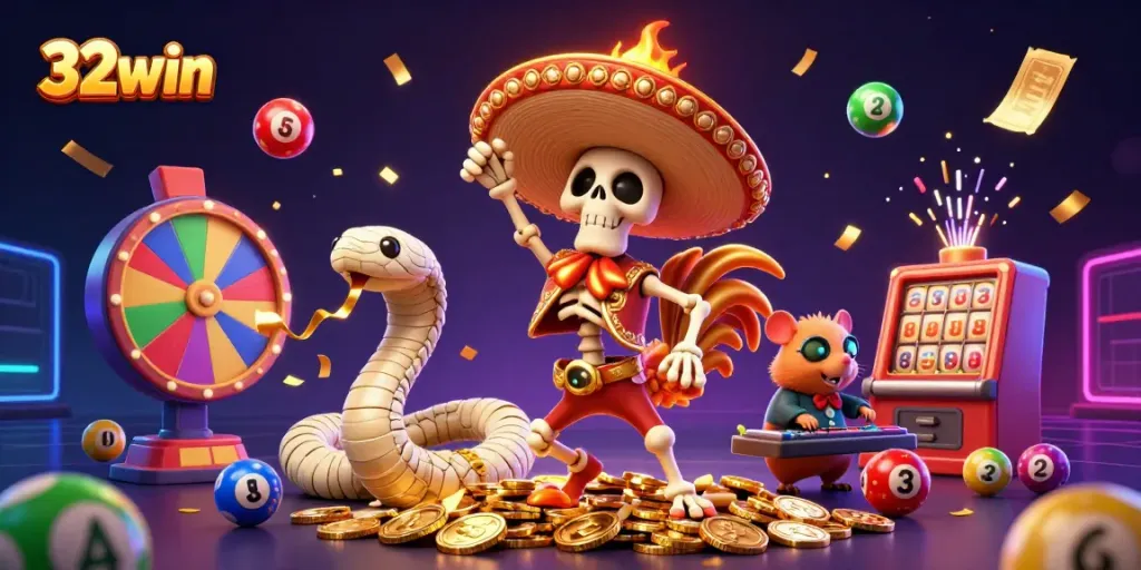 32win interactive gaming scene showcases vibrant characters celebrating prizes with colorful lottery elements.