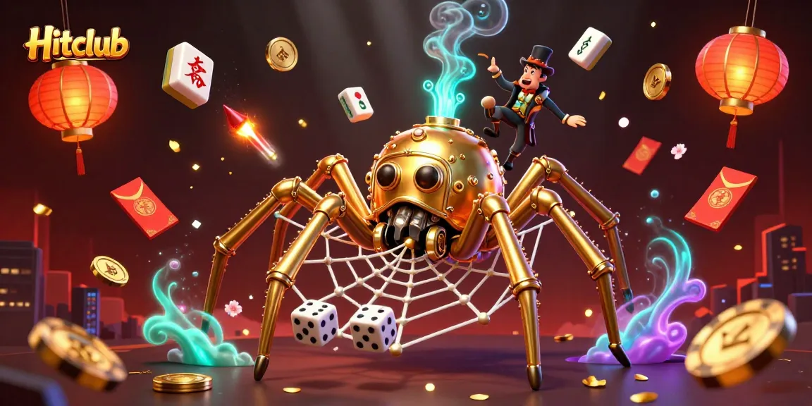 Experience the thrilling games at Hitclub, with a steampunk spider and poker chips amid vibrant casino elements.