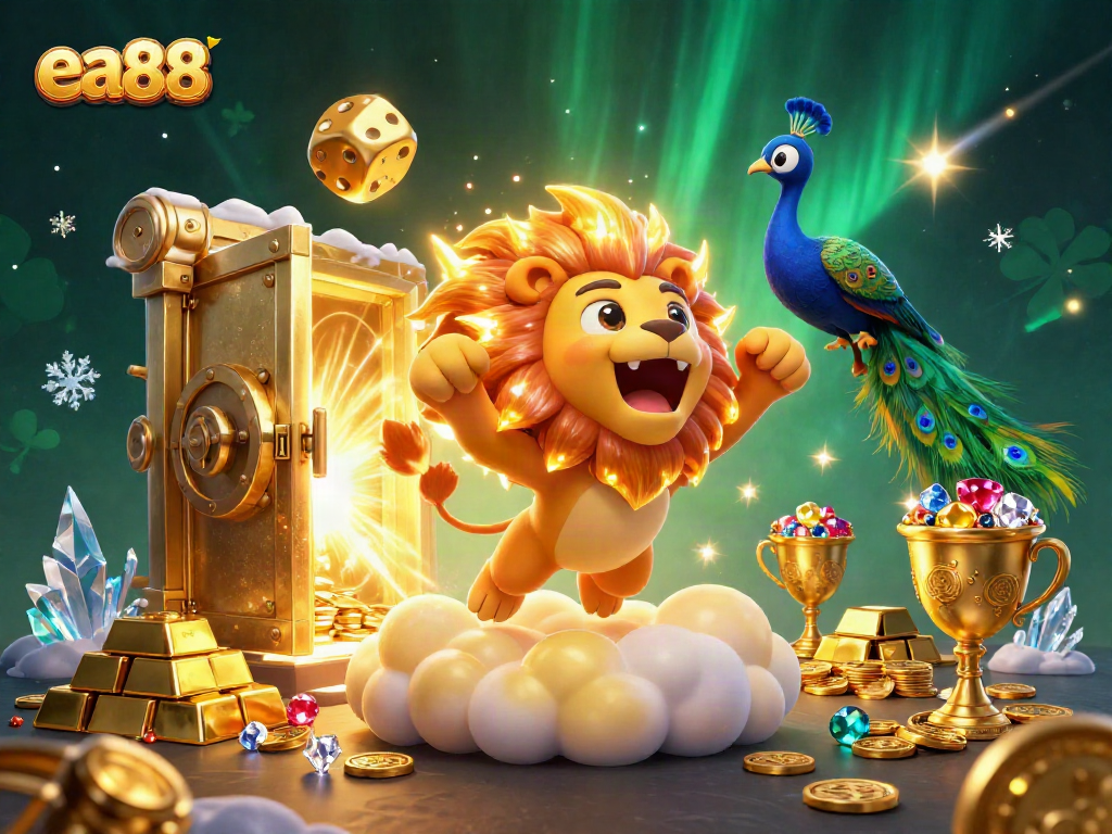 Engage with ea88 as the shimmering treasure vault bursts open, revealing a world of golden riches and 3D cartoon characters in action.