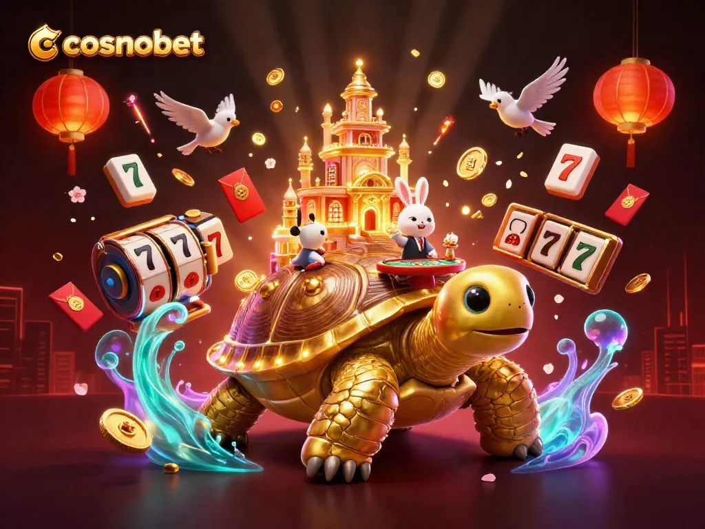 Experience the excitement of cosmobet with a vibrant casino scene featuring games and a rabbit dealer.