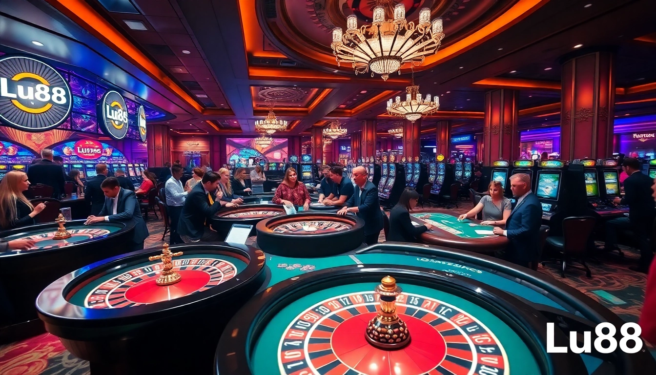 Experience the excitement at Lu88 with players enjoying casino games and vibrant slot machines.