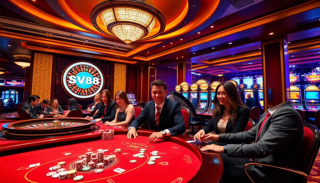 Experience the excitement of sv88 with players engaging at vibrant casino tables and flashing slot machines.