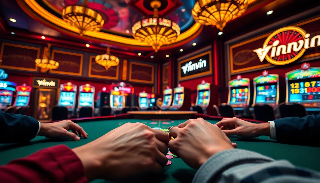 WinVN casino scene showing players enjoying poker, roulette, and slot machines in an elegant setting.