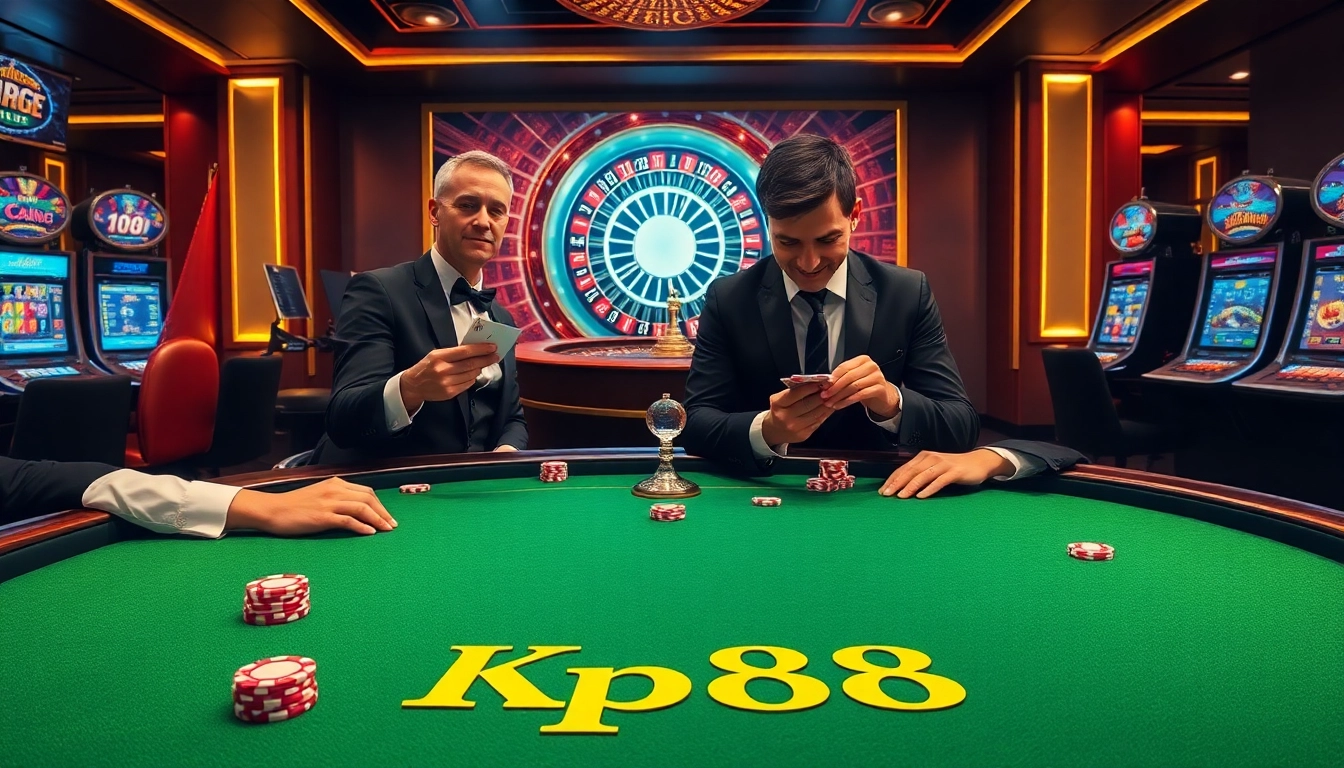 Kp88 provides an exciting gaming experience with poker chips, cards, and a spinning roulette wheel.