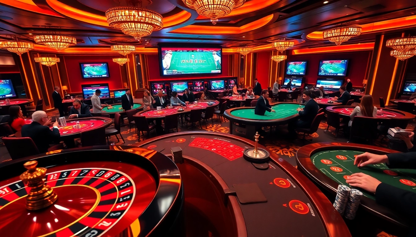 Exciting casino atmosphere highlighting nk88.bio, with players engaging on roulette and poker tables.