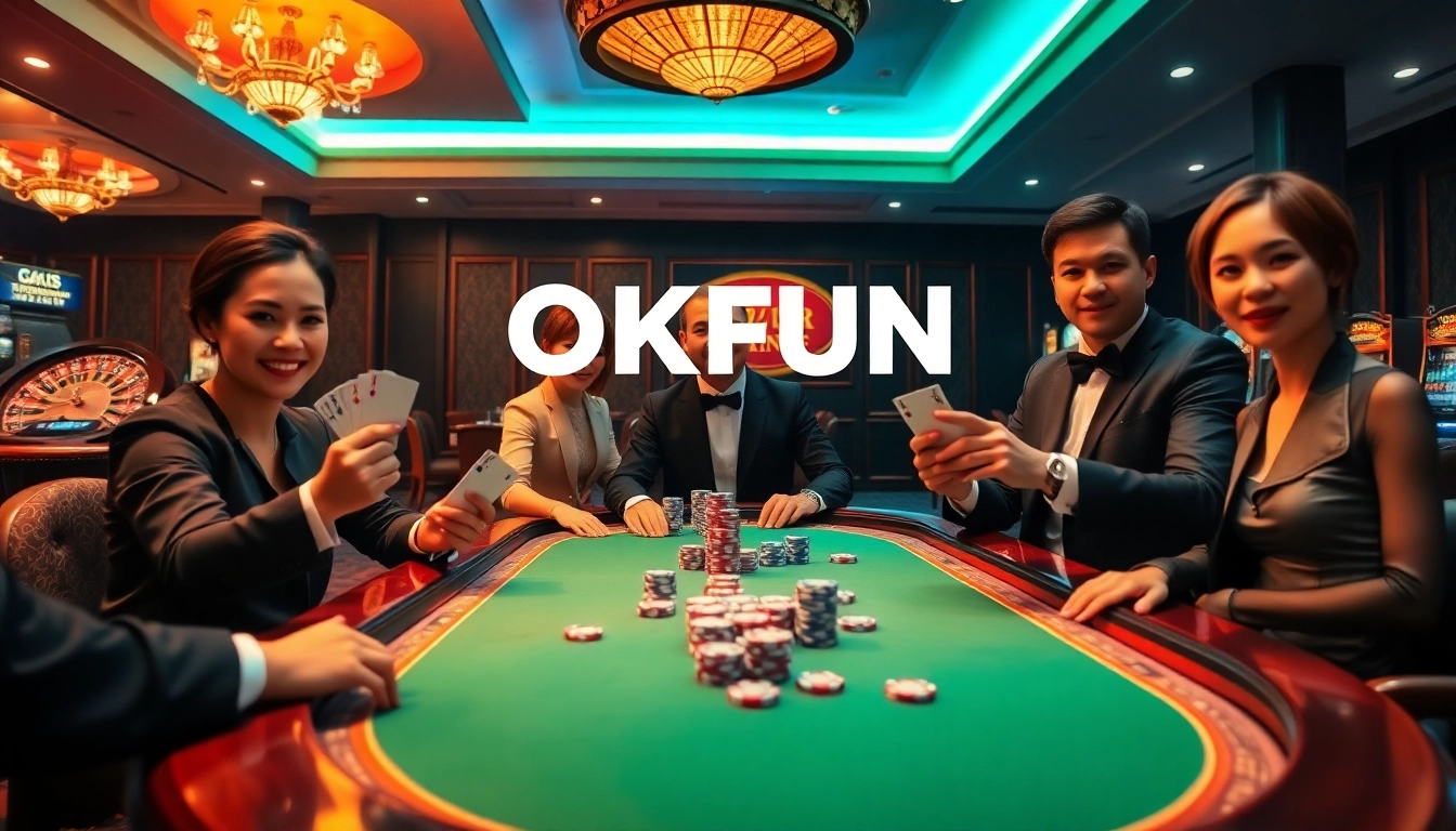 Experience the thrill of gambling with OKFUN đăng ký as players engage at a luxurious poker table.