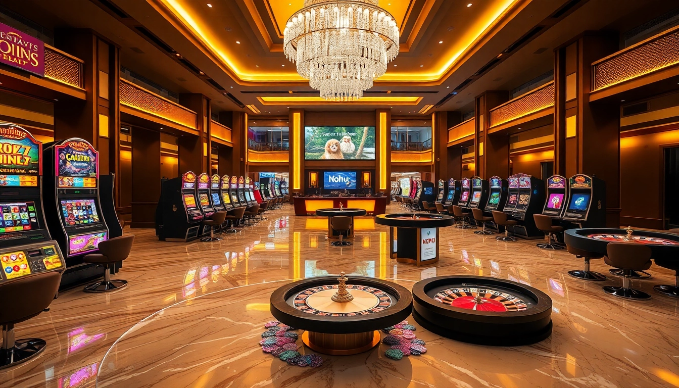 Nohu казино scene showcasing vibrant slot machines and roulette tables in a luxurious setting.