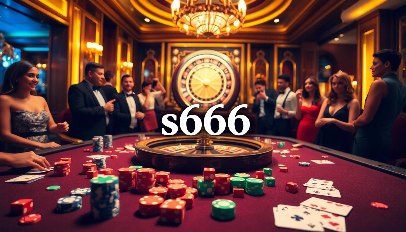 Experience the excitement of s666 casino with vibrant gaming tables, chips, and roulette wheels.
