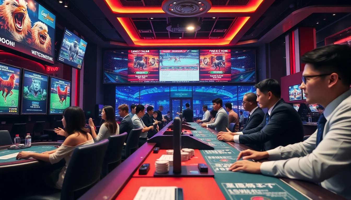 The engaging atmosphere of dagawin.live featuring live cockfight betting, vibrant players, and professional dealers.