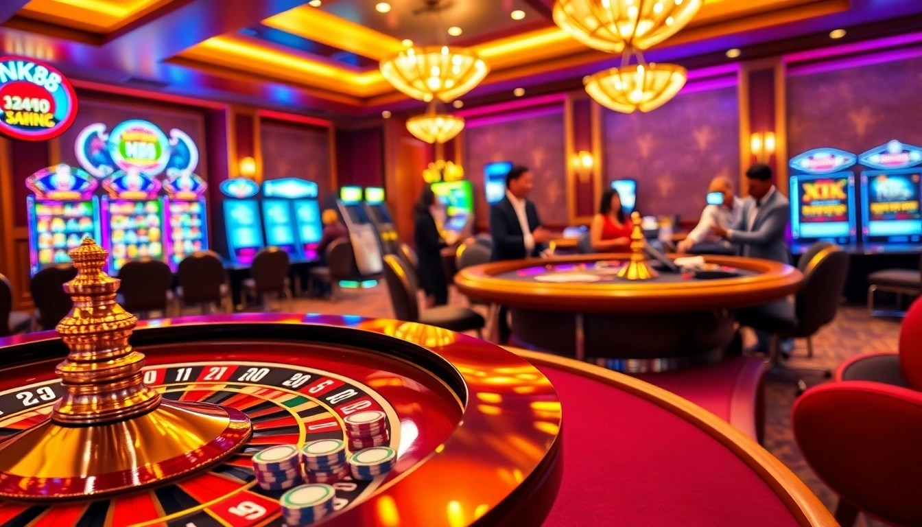 Experience thrilling games at NK88 online casino with vibrant roulette and poker tables.