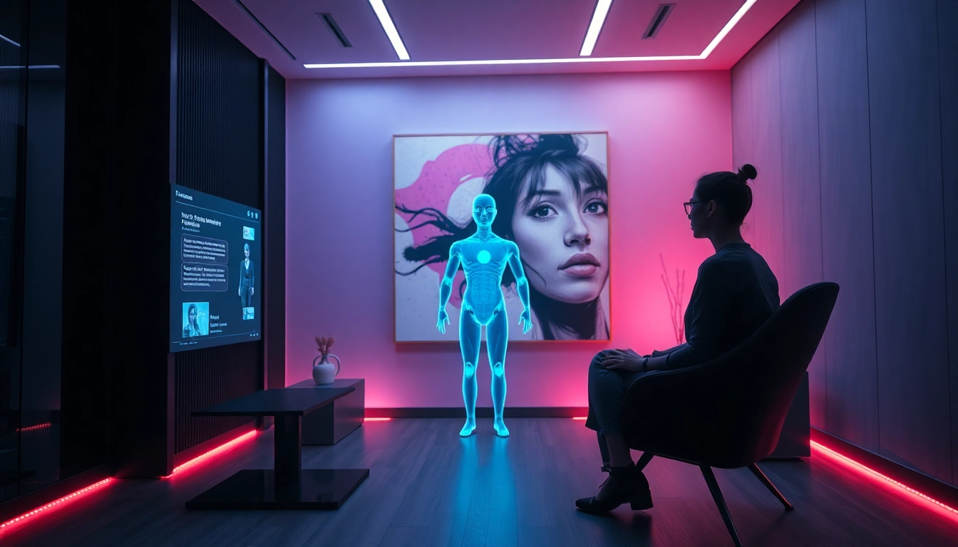 Engaging in a sex AI conversation within a modern, ambient space.