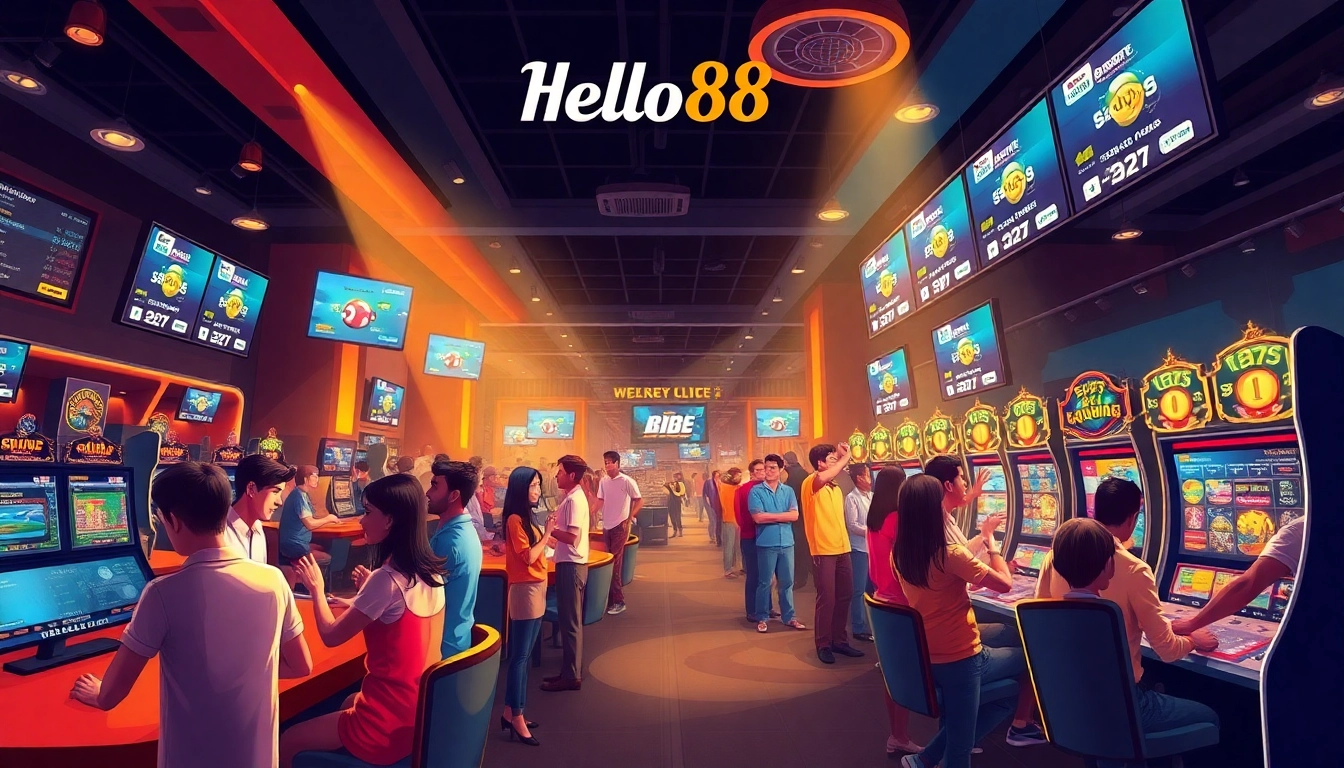 Excited players enjoying various games at Hello88, showcasing the thrill of online gambling at hello88win.live.