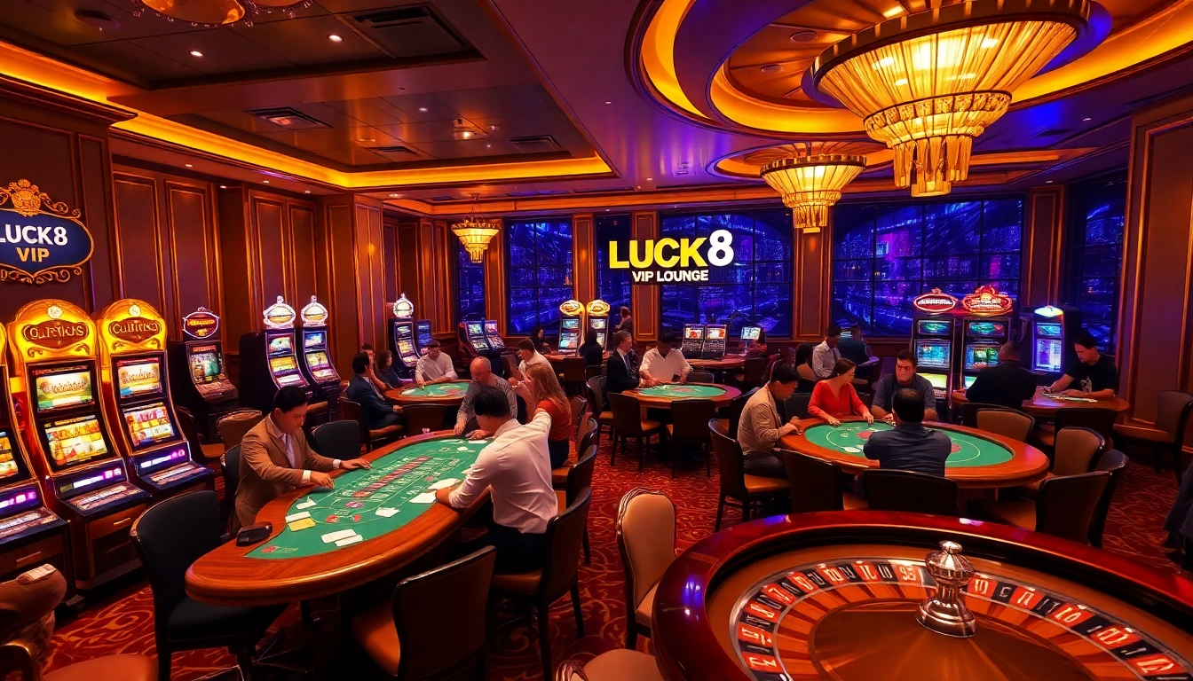 Excited players enjoying high-stakes games in the luxurious LUCK8 VIP casino lounge.