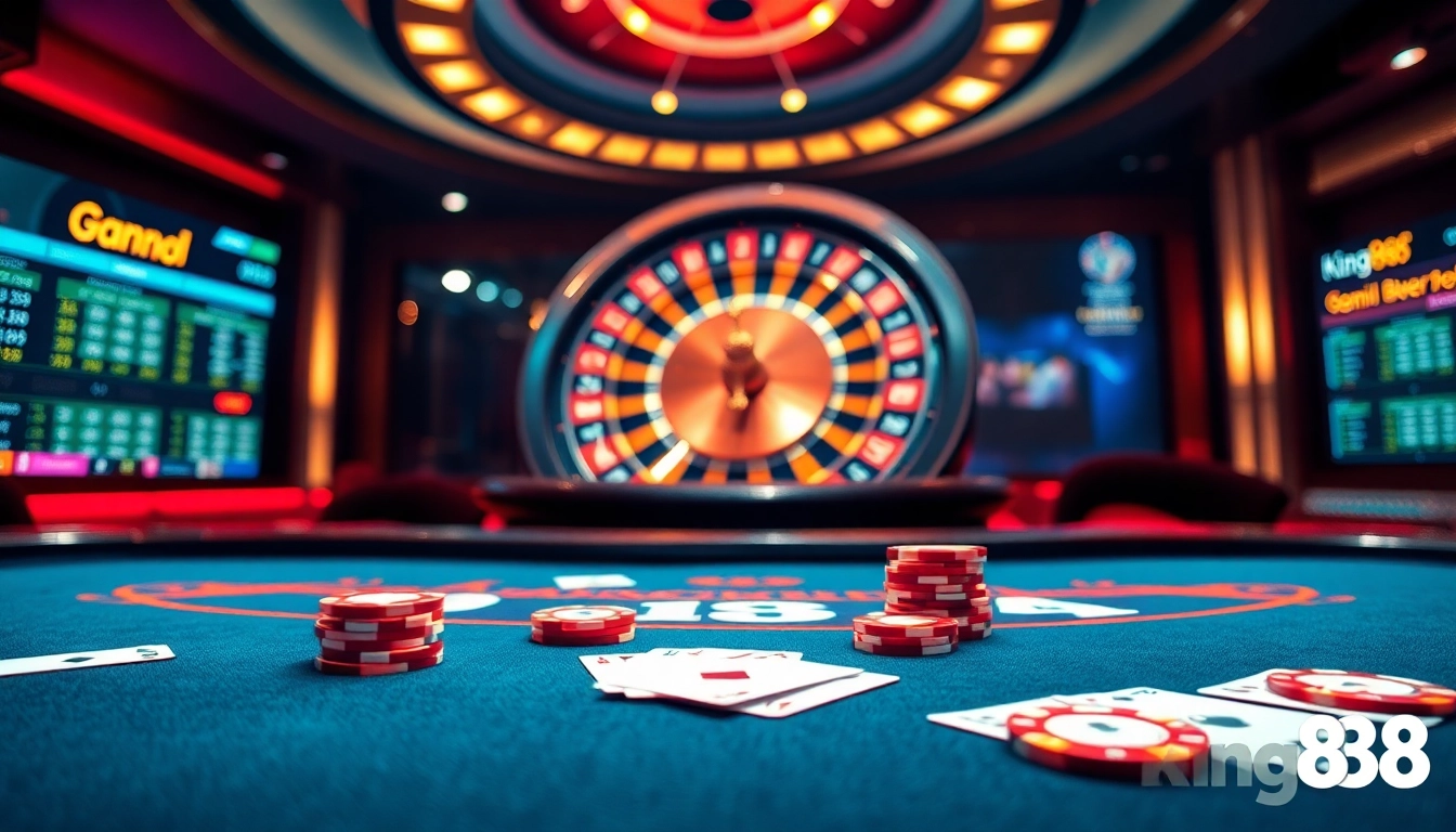Experience the thrill of king88 at a luxurious blackjack table featuring vibrant cards and roulette excitement.
