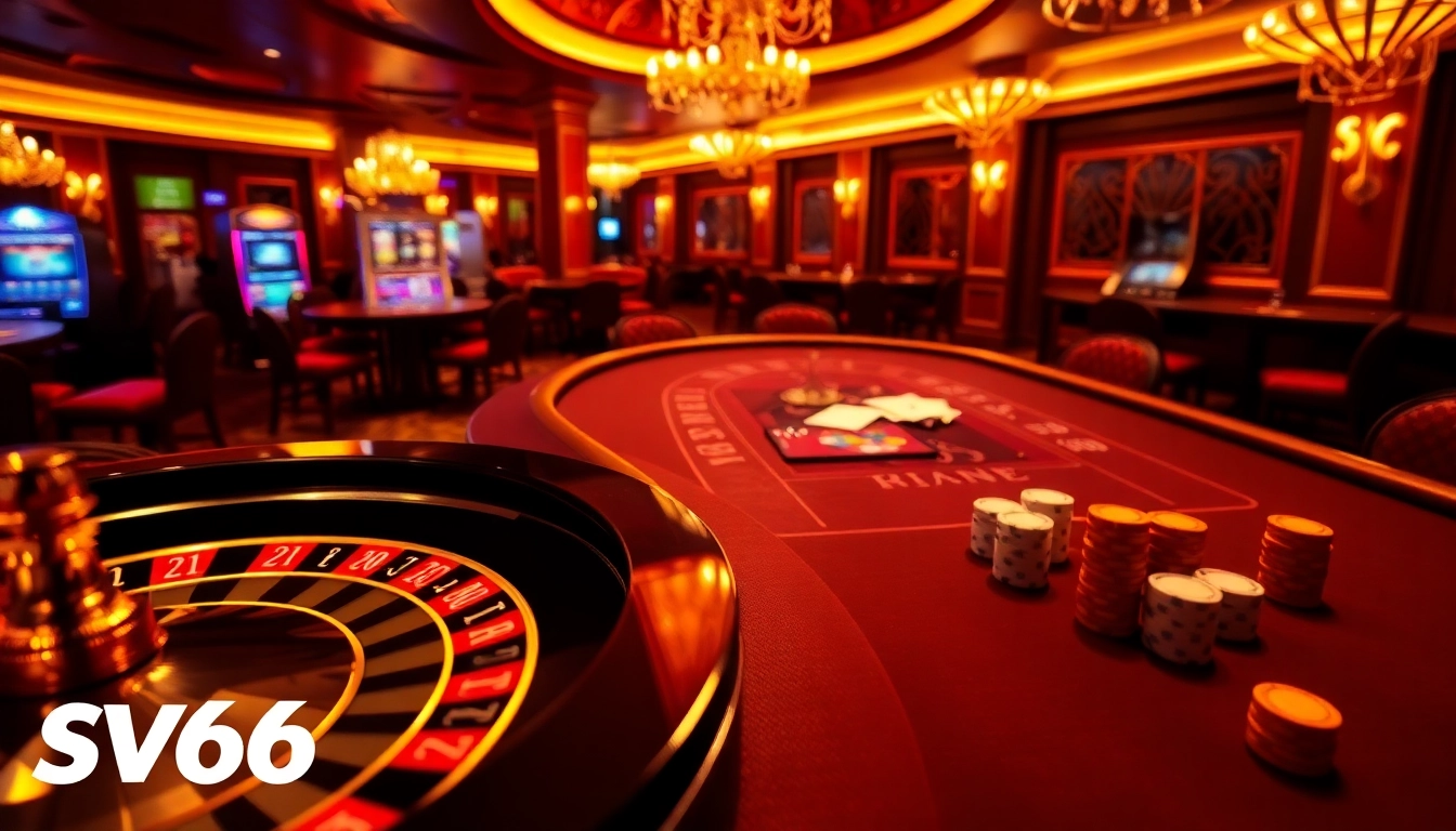 Experience the thrill of SV66 with a vibrant casino scene featuring roulette and poker tables.