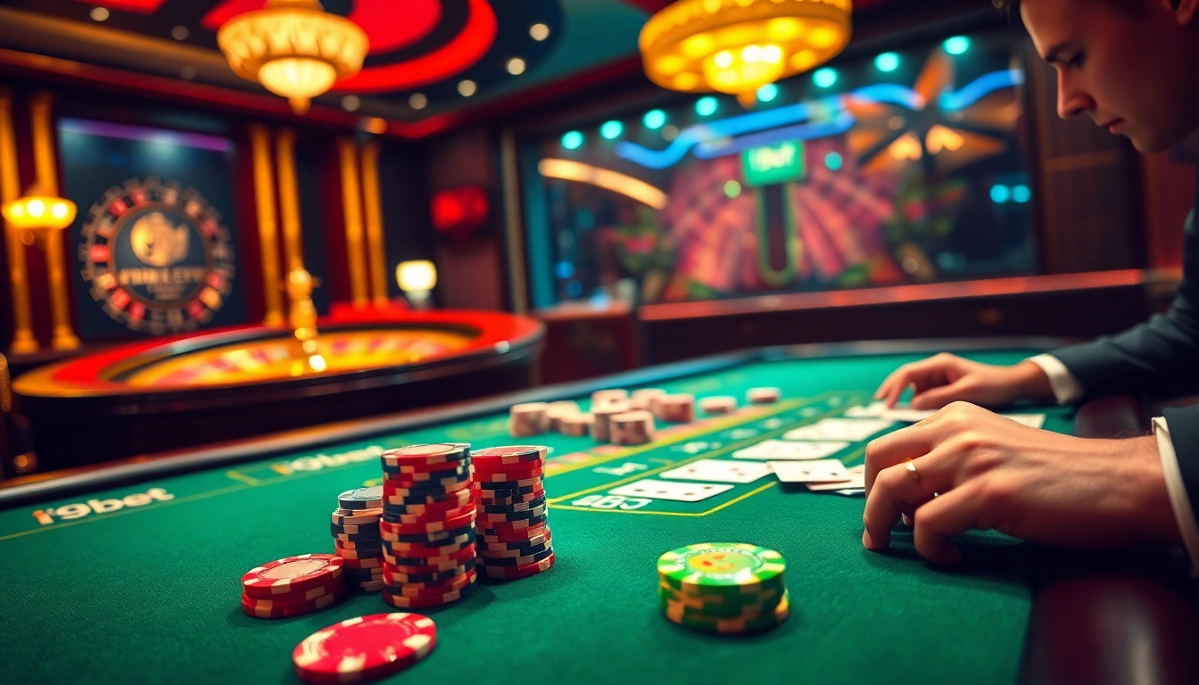 i9bet poker table with vibrant chips and cards showcasing an exciting gaming atmosphere